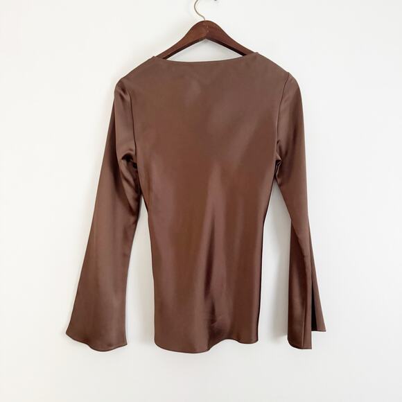 ZARA Satin Effect Tie Front Long Sleeve Blouse Top Brown Small S - Picture 7 of 9